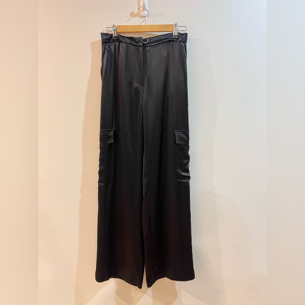 Zara satin silk like black wide leg cargo pants size medium - Picture 5 of 10